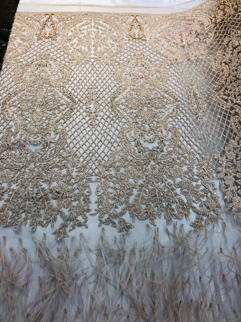 Beaded Feather Fabric - Champagne - Embroidered Luxury Mesh Lace with Beads and Feathers By The Yard