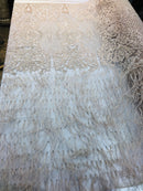 Beaded Feather Fabric - Champagne - Embroidered Luxury Mesh Lace with Beads and Feathers By The Yard