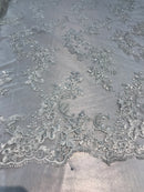 Floral Lace Fabric - Ivory - Flowers Embroidery Sequins Mesh Design Fabric Sold By The Yard