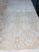 Beaded Feather Fabric - Champagne - Embroidered Luxury Mesh Lace with Beads and Feathers By The Yard