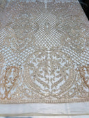 Beaded Feather Fabric - Champagne - Embroidered Luxury Mesh Lace with Beads and Feathers By The Yard