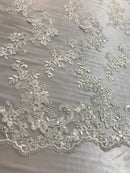 Floral Lace Fabric - Ivory - Flowers Embroidery Sequins Mesh Design Fabric Sold By The Yard