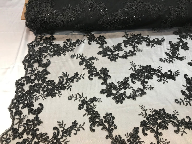Floral Lace Fabric - Black - Flowers Embroidery Sequins Mesh Design Fabric Sold By The Yard