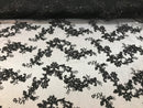 Floral Lace Fabric - Black - Flowers Embroidery Sequins Mesh Design Fabric Sold By The Yard