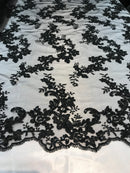 Floral Lace Fabric - Black - Flowers Embroidery Sequins Mesh Design Fabric Sold By The Yard