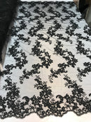 Floral Lace Fabric - Black - Flowers Embroidery Sequins Mesh Design Fabric Sold By The Yard