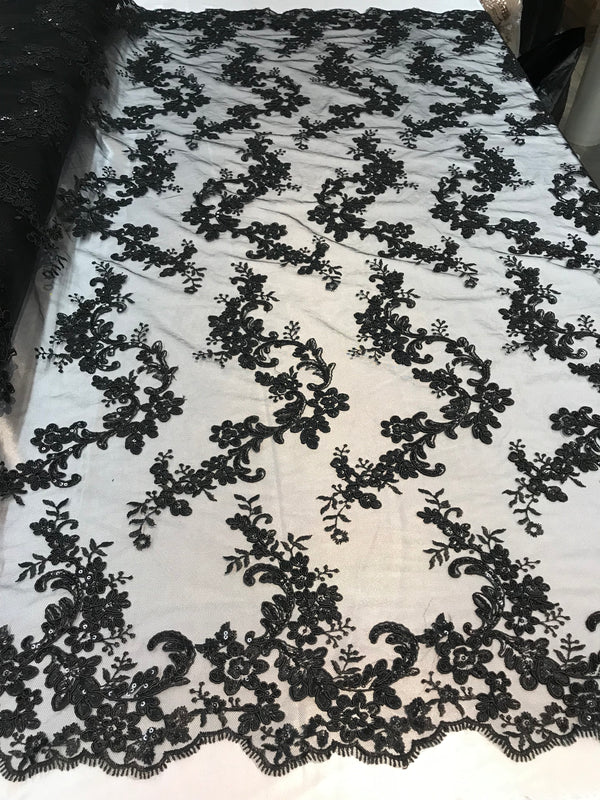 Floral Lace Fabric - Black - Flowers Embroidery Sequins Mesh Design Fabric Sold By The Yard