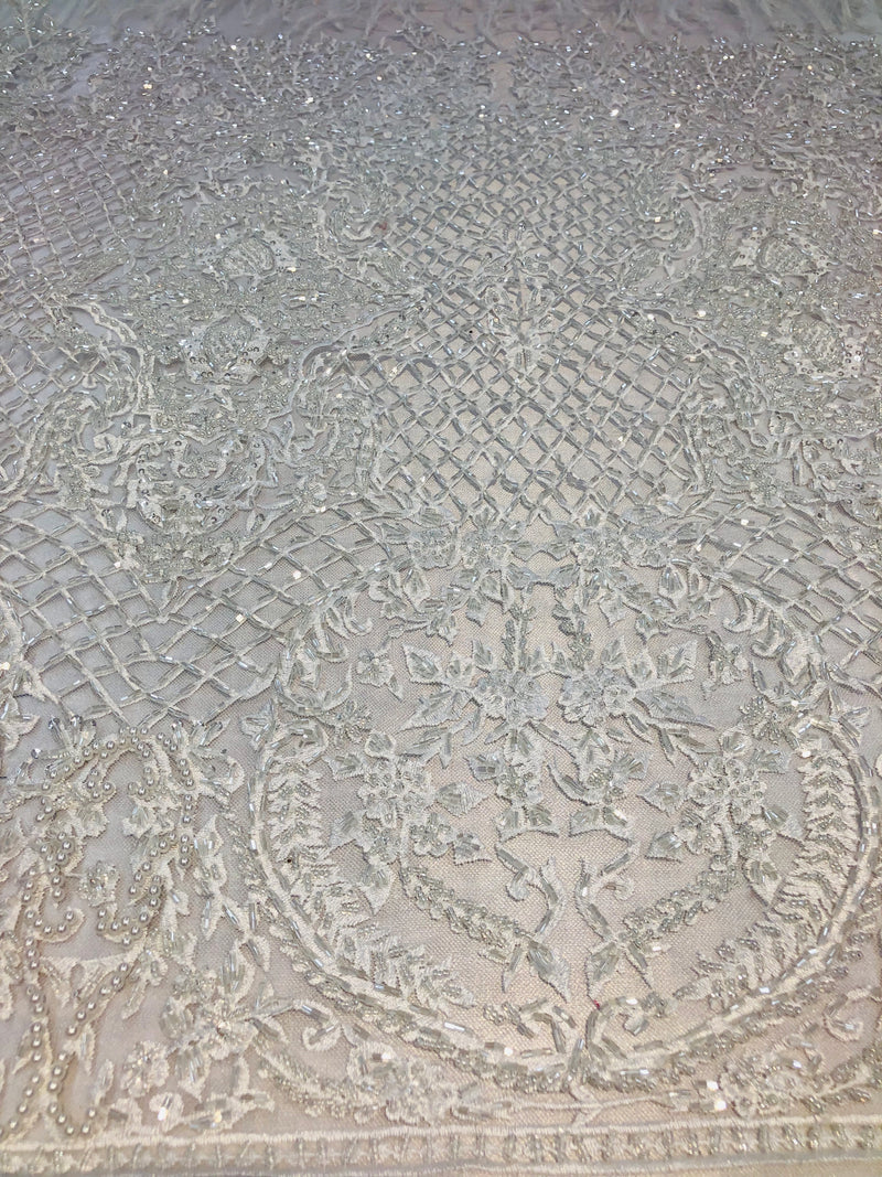 Beaded Feather Fabric - White - Embroidered Luxury Mesh Lace with Beads and Feathers By The Yard