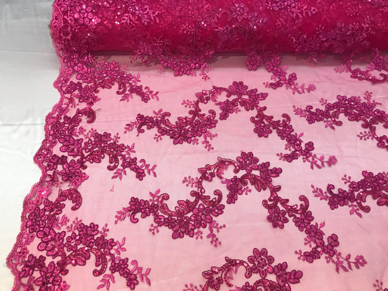 Floral Lace Fabric - Magenta - Flowers Embroidery Sequins Mesh Design Fabric Sold By The Yard