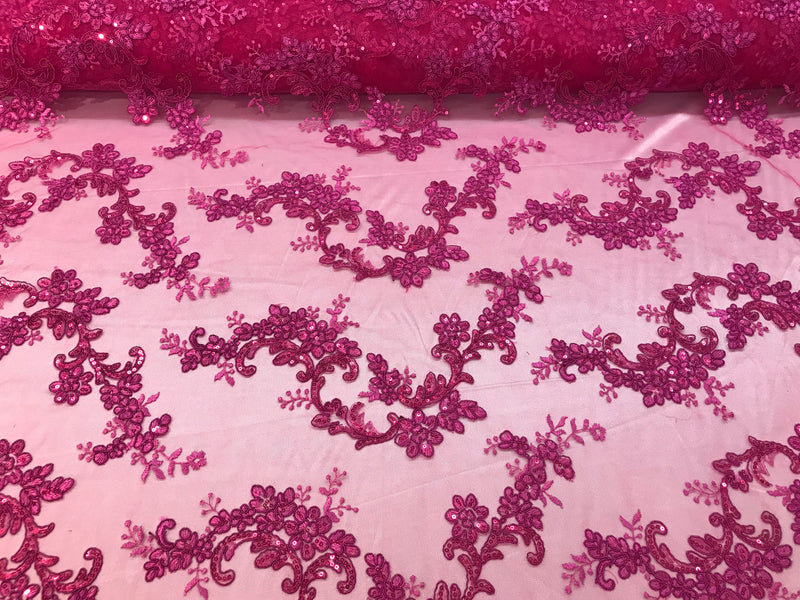 Floral Lace Fabric - Magenta - Flowers Embroidery Sequins Mesh Design Fabric Sold By The Yard