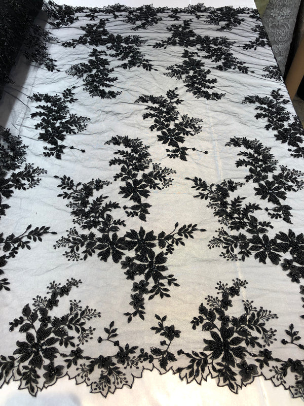 Beaded Fabric - Black - Embroidered Flower Lace Fabric with Beads On A Mesh Sold By The Yard