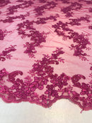 Floral Lace Fabric - Magenta - Flowers Embroidery Sequins Mesh Design Fabric Sold By The Yard