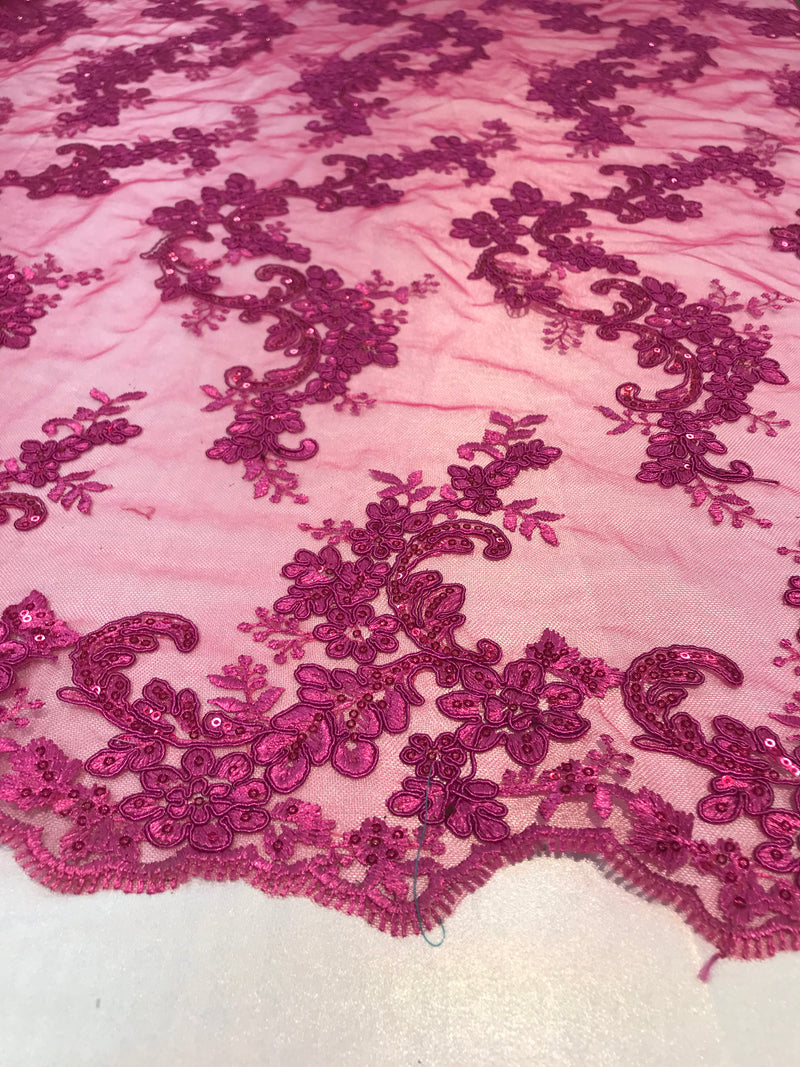 Floral Lace Fabric - Magenta - Flowers Embroidery Sequins Mesh Design