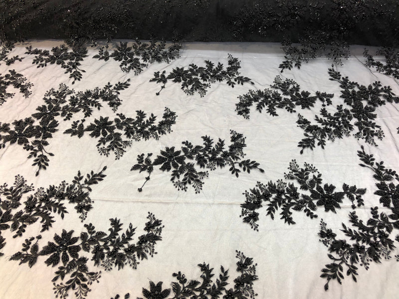 Beaded Fabric - Black - Embroidered Flower Lace Fabric with Beads On A Mesh Sold By The Yard