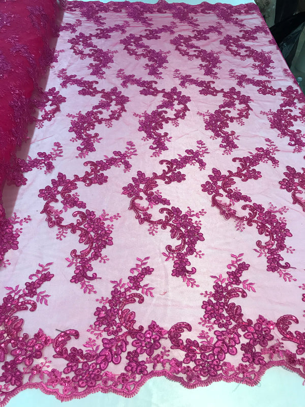 Floral Lace Fabric - Magenta - Flowers Embroidery Sequins Mesh Design Fabric Sold By The Yard