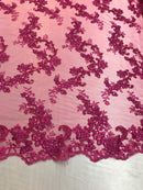 Floral Lace Fabric - Magenta - Flowers Embroidery Sequins Mesh Design Fabric Sold By The Yard