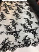 Beaded Fabric - Black - Embroidered Flower Lace Fabric with Beads On A Mesh Sold By The Yard