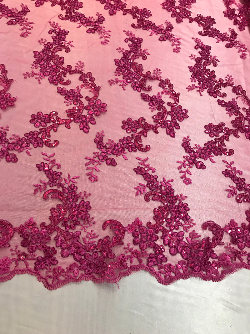 Floral Lace Fabric - Magenta - Flowers Embroidery Sequins Mesh Design Fabric Sold By The Yard