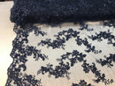 Floral Lace Fabric - Navy - Flowers Embroidery Sequins Mesh Design Fabric Sold By The Yard