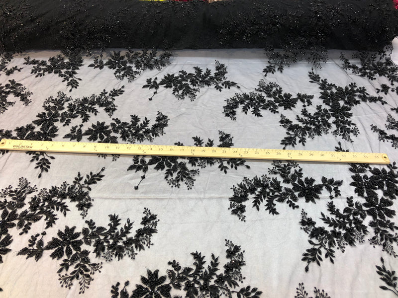 Beaded Fabric - Black - Embroidered Flower Lace Fabric with Beads On A Mesh Sold By The Yard