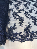 Floral Lace Fabric - Navy - Flowers Embroidery Sequins Mesh Design Fabric Sold By The Yard