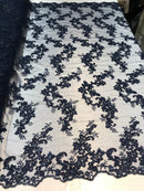 Floral Lace Fabric - Navy - Flowers Embroidery Sequins Mesh Design Fabric Sold By The Yard