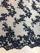 Floral Lace Fabric - Navy - Flowers Embroidery Sequins Mesh Design Fabric Sold By The Yard