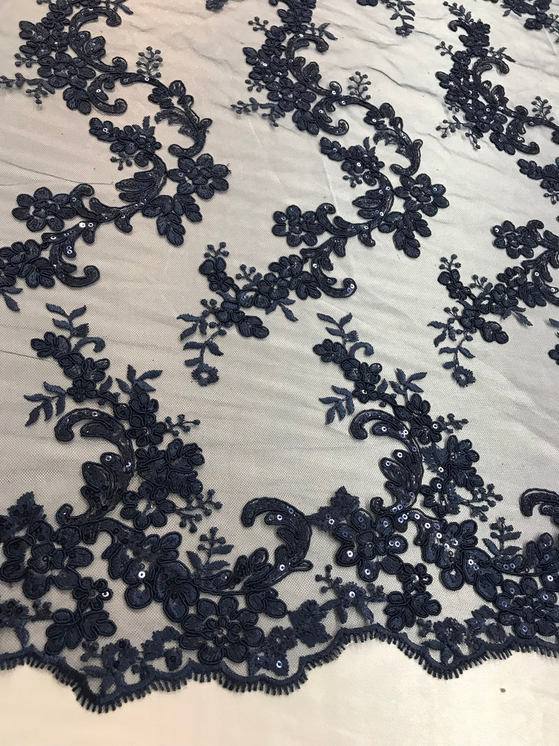 Floral Lace Fabric - Navy - Flowers Embroidery Sequins Mesh Design Fabric Sold By The Yard