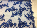 Beaded Fabric - Royal Blue - Embroidered Flower Lace Fabric with Beads On A Mesh Sold By The Yard