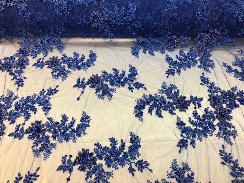 Beaded Fabric - Royal Blue - Embroidered Flower Lace Fabric with Beads On A Mesh Sold By The Yard