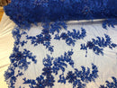Beaded Fabric - Royal Blue - Embroidered Flower Lace Fabric with Beads On A Mesh Sold By The Yard