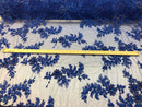 Beaded Fabric - Royal Blue - Embroidered Flower Lace Fabric with Beads On A Mesh Sold By The Yard