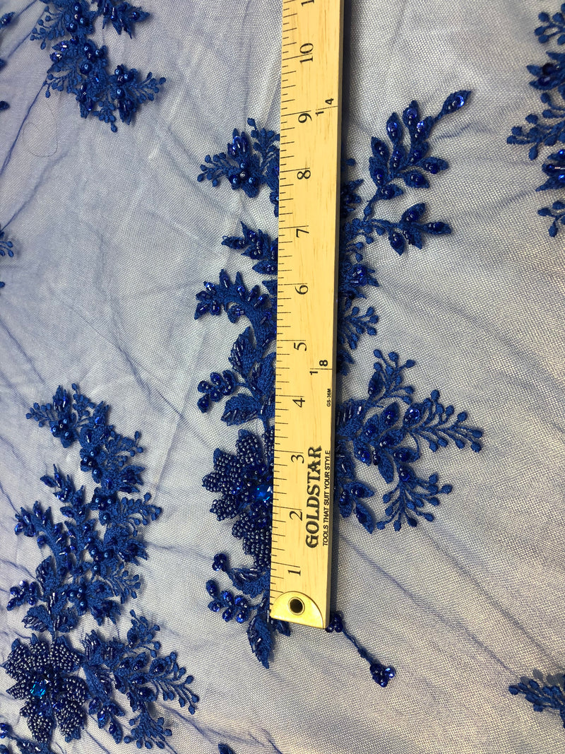 Beaded Fabric - Royal Blue - Embroidered Flower Lace Fabric with Beads On A Mesh Sold By The Yard