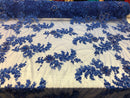 Beaded Fabric - Royal Blue - Embroidered Flower Lace Fabric with Beads On A Mesh Sold By The Yard