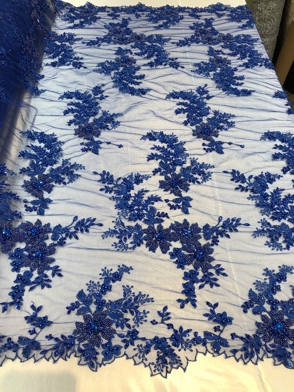 Beaded Fabric - Royal Blue - Embroidered Flower Lace Fabric with Beads On A Mesh Sold By The Yard