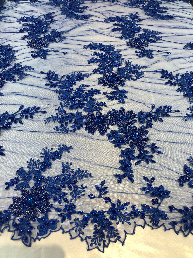 Beaded Fabric - Royal Blue - Embroidered Flower Lace Fabric with Beads On A Mesh Sold By The Yard