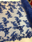 Beaded Fabric - Royal Blue - Embroidered Flower Lace Fabric with Beads On A Mesh Sold By The Yard