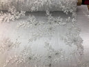 Beaded Fabric - White - Embroidered Flower Lace Fabric with Beads On A Mesh Sold By The Yard