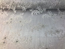 Beaded Fabric - White - Embroidered Flower Lace Fabric with Beads On A Mesh Sold By The Yard