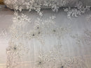 Beaded Fabric - White - Embroidered Flower Lace Fabric with Beads On A Mesh Sold By The Yard