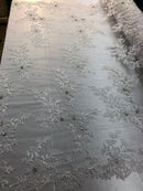 Beaded Fabric - White - Embroidered Flower Lace Fabric with Beads On A Mesh Sold By The Yard