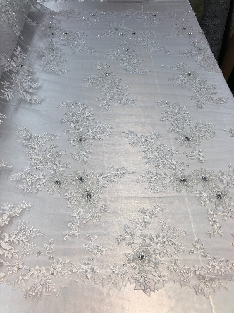 Beaded Fabric - White - Embroidered Flower Lace Fabric with Beads On A Mesh Sold By The Yard