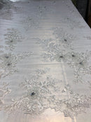 Beaded Fabric - White - Embroidered Flower Lace Fabric with Beads On A Mesh Sold By The Yard