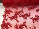 Beaded Fabric - Red - Embroidered Flower Lace Fabric with Beads On A Mesh Sold By The Yard
