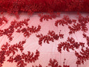 Beaded Fabric - Red - Embroidered Flower Lace Fabric with Beads On A Mesh Sold By The Yard