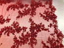 Beaded Fabric - Red - Embroidered Flower Lace Fabric with Beads On A Mesh Sold By The Yard