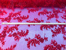 Beaded Fabric - Red - Embroidered Flower Lace Fabric with Beads On A Mesh Sold By The Yard