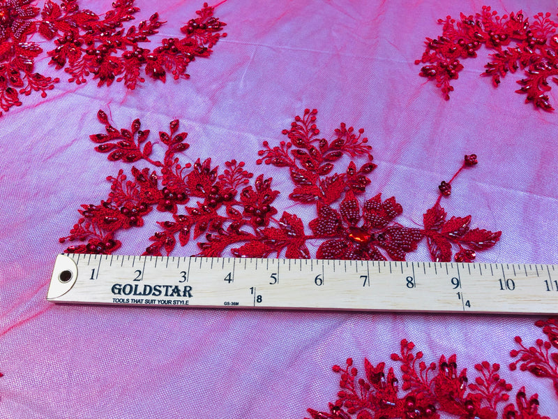 Beaded Fabric - Red - Embroidered Flower Lace Fabric with Beads On A Mesh Sold By The Yard
