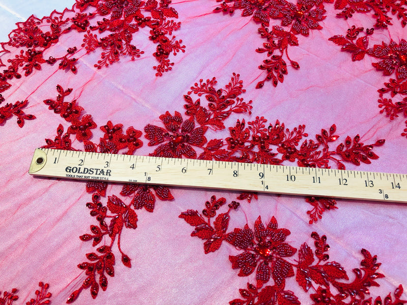 Beaded Fabric - Red - Embroidered Flower Lace Fabric with Beads On A Mesh Sold By The Yard