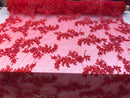 Beaded Fabric - Red - Embroidered Flower Lace Fabric with Beads On A Mesh Sold By The Yard